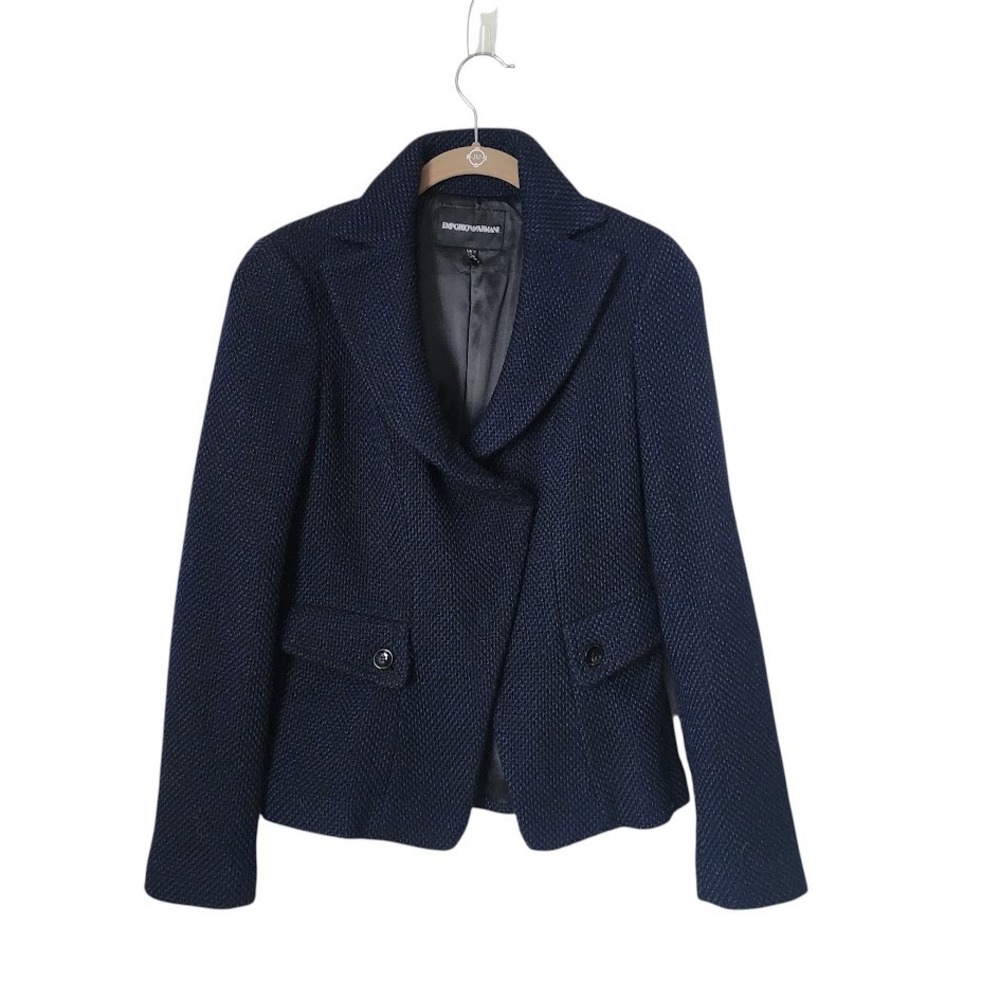 EMPORIO ARMANI‎ Navy Blue Textured Knit Blazer Jacket Asymmetric Pocket Sz 8